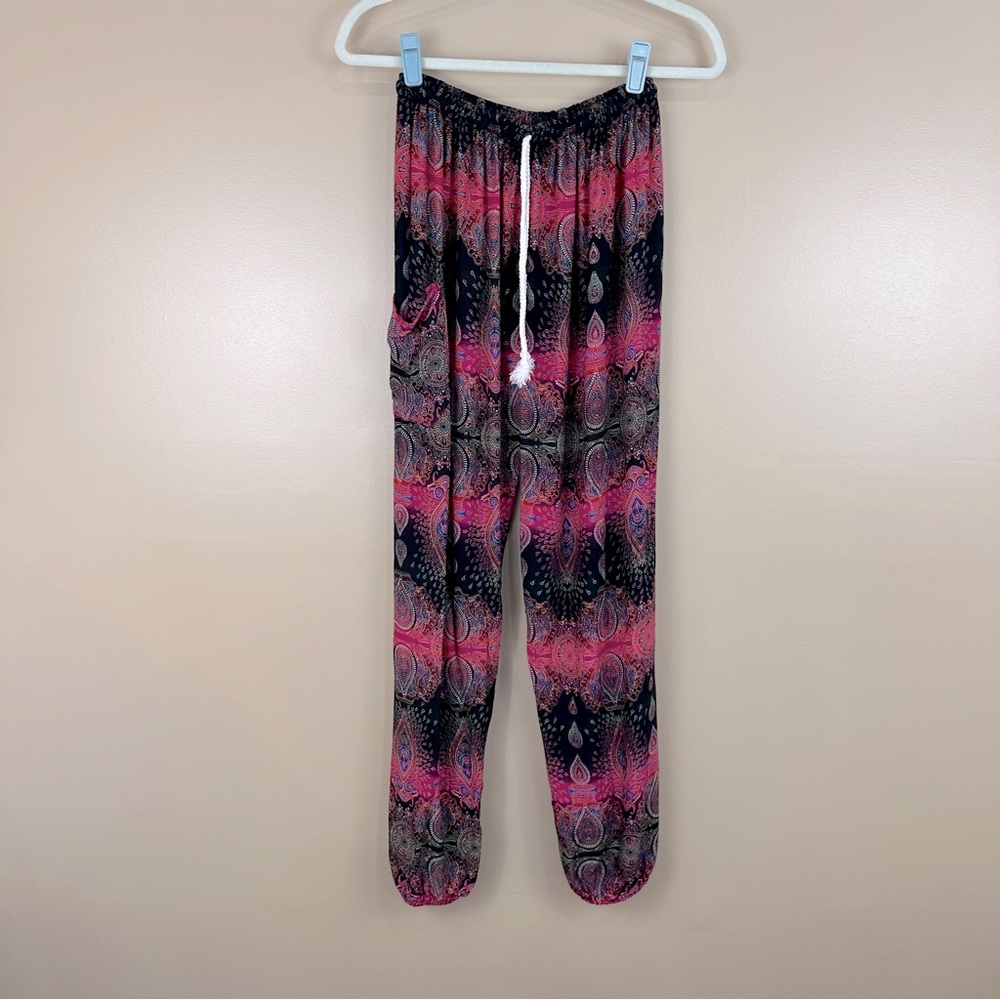 Thai Hippie Genie Gypsy Pink Black Multicolor Pull On Pants XS Festival Indie